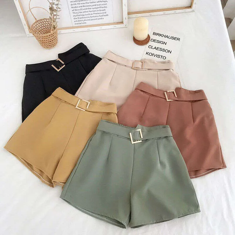 High Waist Black Wide Leg Shorts with Belt - Casual Korean