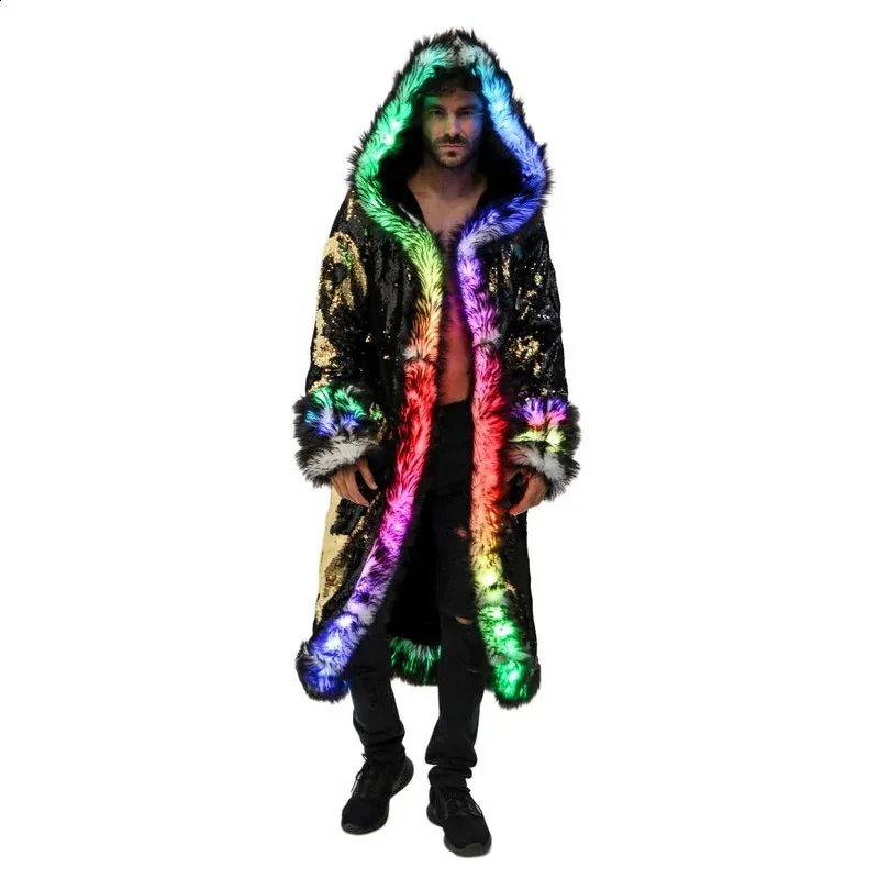 Mens Faux Fur Coats Long Hooded Coat Illuminated Festival