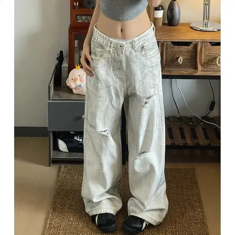 Retro High Waisted Ripped Jeans - Wide Leg Denim Trousers