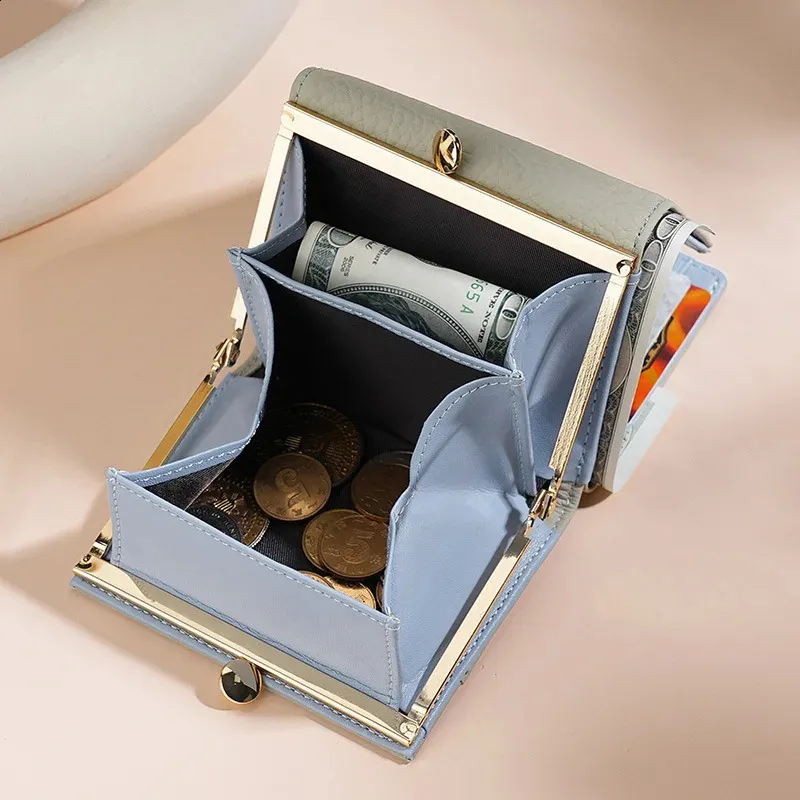 Leather Kiss Lock Wallet For Women: RFID Blocking Trifold Coin