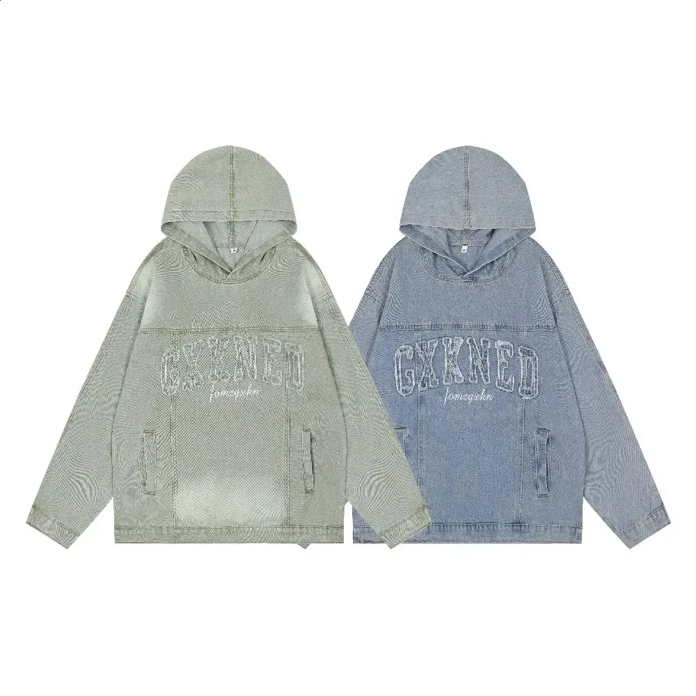 Vintage Denim Letters Hoodie: Womens Embroidered Sweatshirt