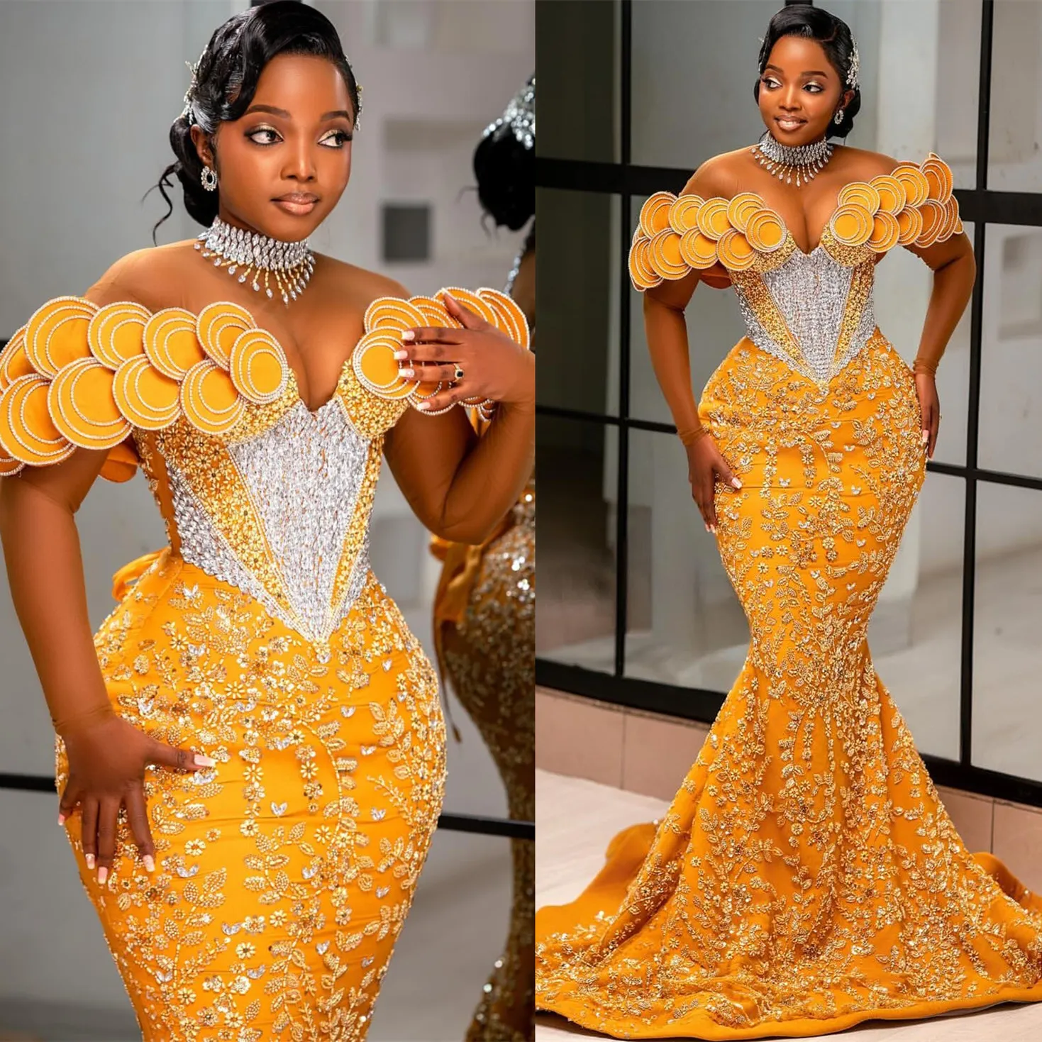African Aso Ebi 2025 Yellow Mermaid Prom Dress Lace Dresses for Special OCNS Rhies RALS Evening Formal Party Birthday Second Engagement Gowns