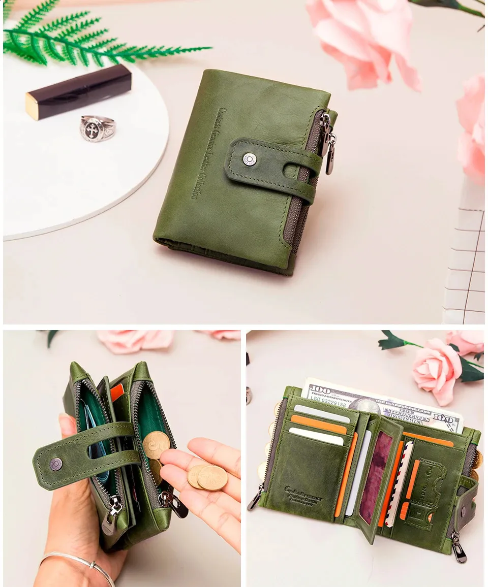 Genuine Leather Double Zipper Wallet: Compact Coin Purse & Card Holder ...