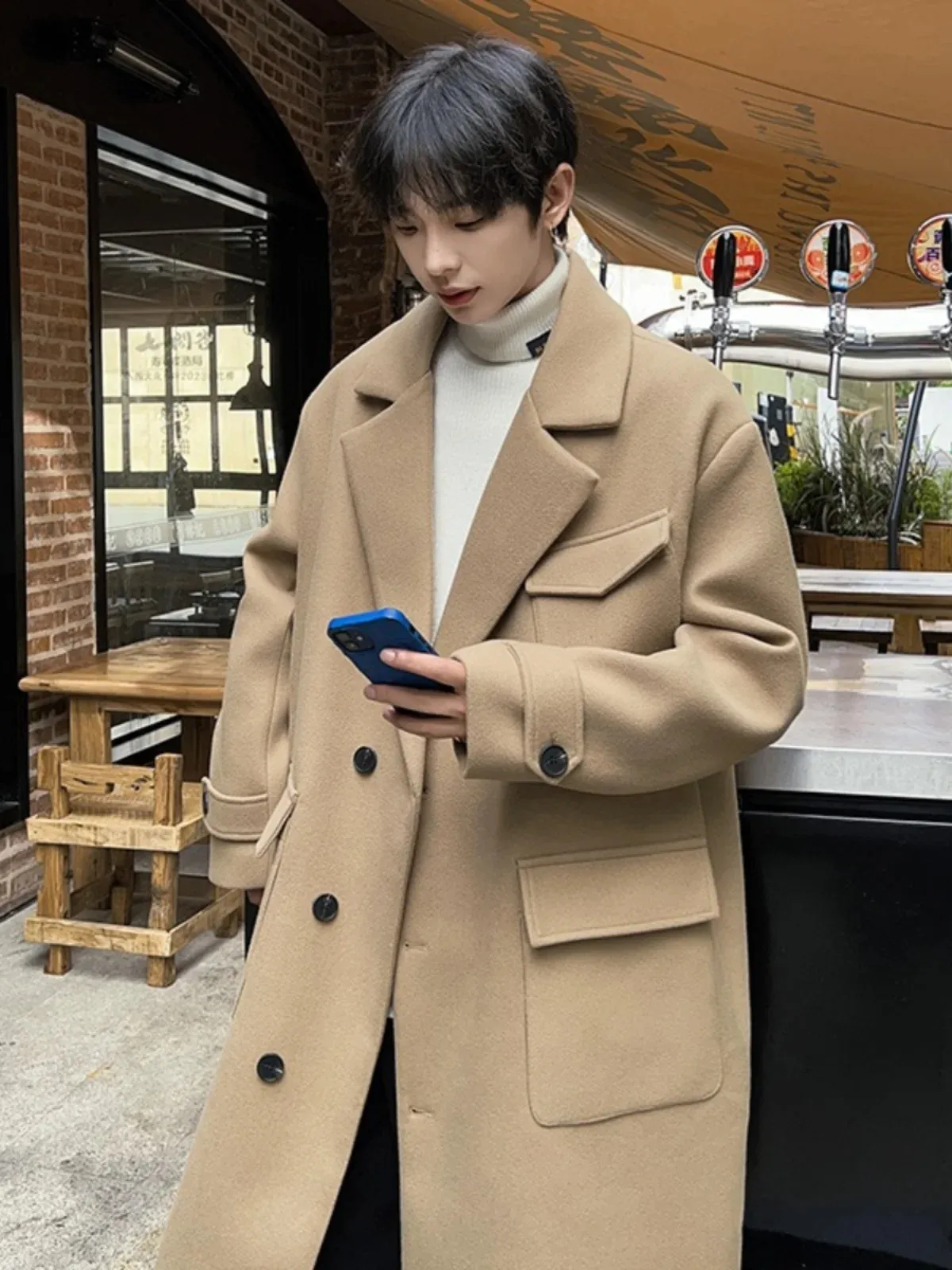 Streetwear Camel Overcoat Mens Oversized Wool Blend Overcoat