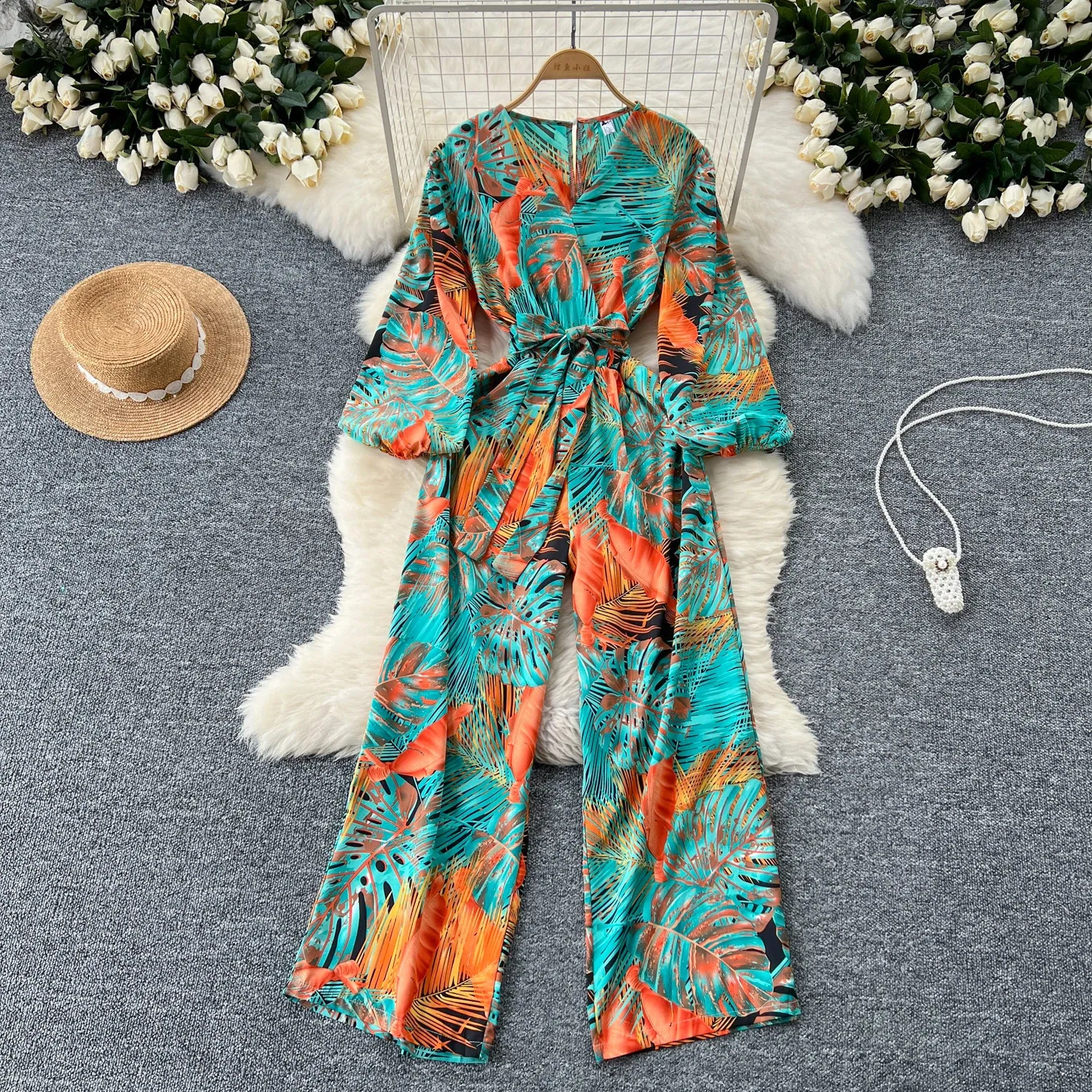 Elegant Printed Wide Leg Jumpsuit: Spring/Autumn V-Neck