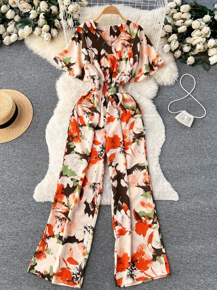 新品★ SHEER JACQUARD TAILORED ROMPERS Elegant Printed Romper: Womens Summer Jumpsuit - Blue Wide Leg