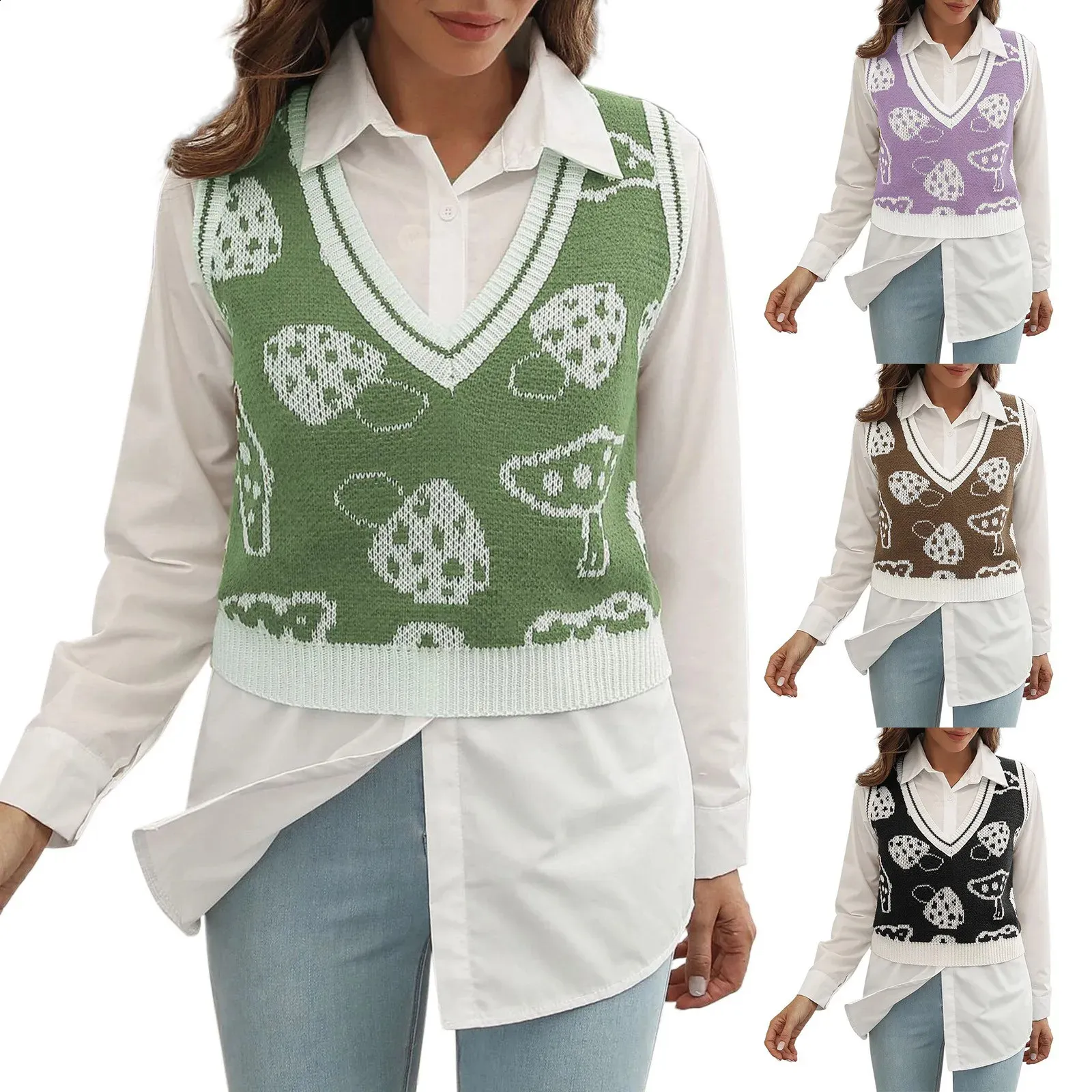 Autumn Knitted Sweater Vest: Mushroom Print Halloween Y2K