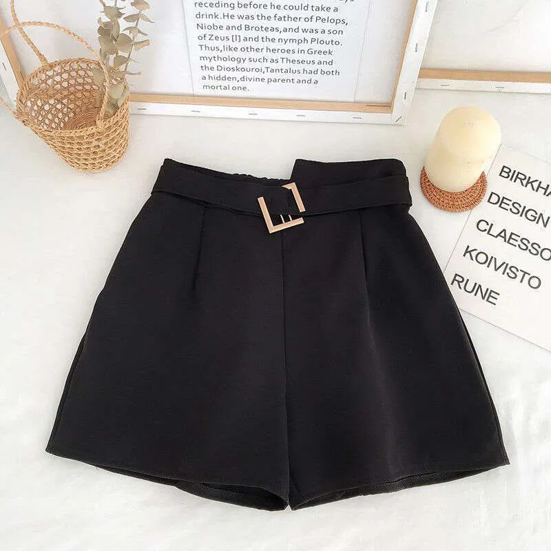 High Waist Black Wide Leg Shorts with Belt - Casual Korean