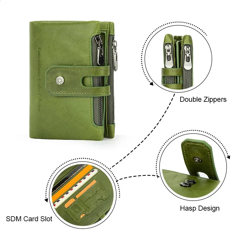 Genuine Leather Double Zipper Wallet: Compact Coin Purse & Card Holder ...