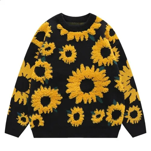 Sunflower セーター 240827 Japanese Retro Sunflower Flocking Knit Sweaters For Men And