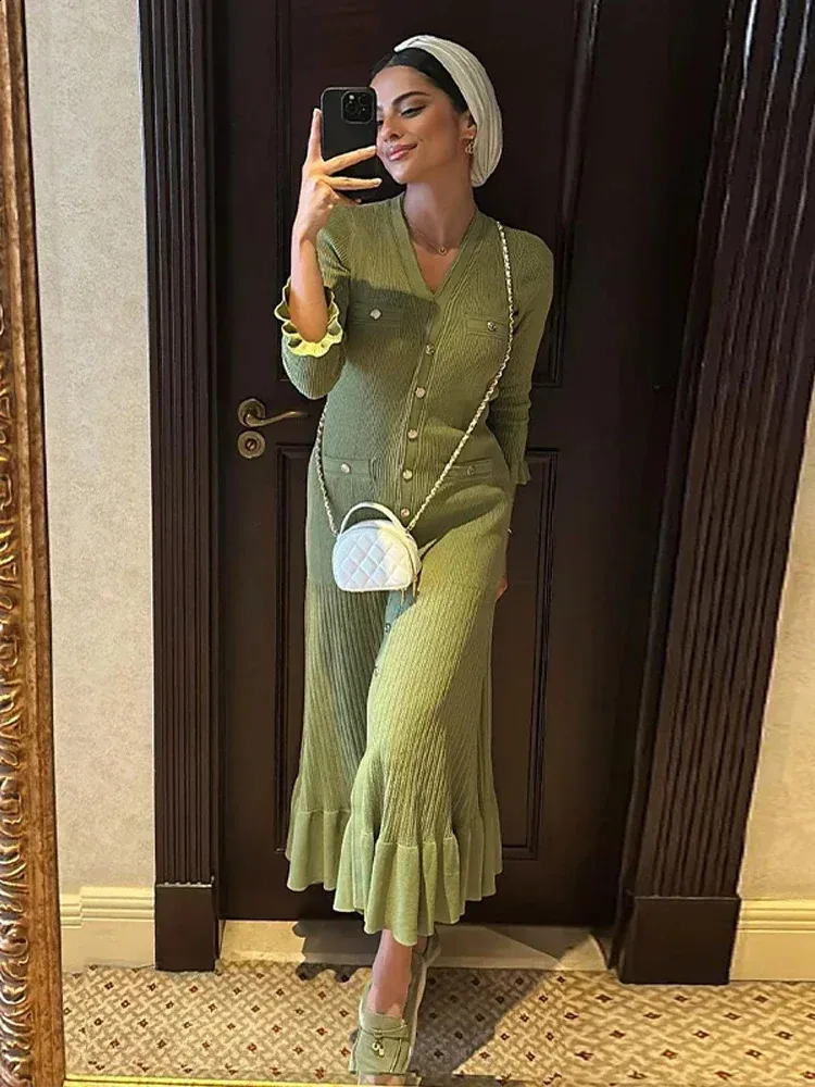 Ultra-Thin Solid Knit maxi dress with Pleated Hem and V-Neckline
