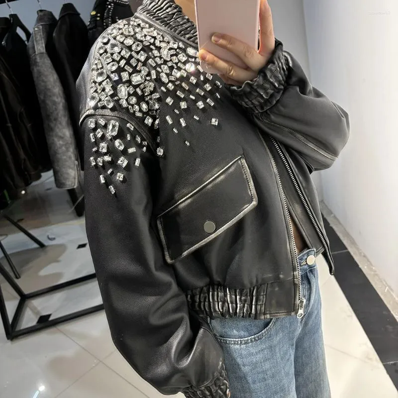 Shiny Crystal Womens Leather Bomber Jacket - Premium