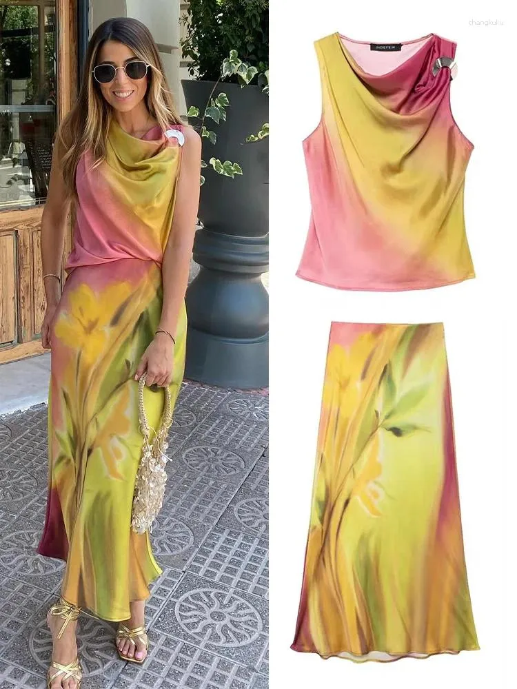 Elegant Tie Dye Midi Dress Women's Skirt Suit, Sleeveless Slim Top, Metal  Detail, Chic Work Dress