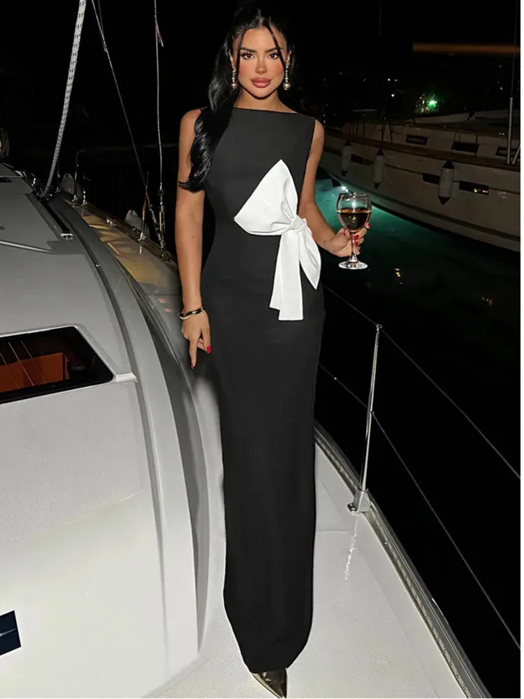 Elegant Sleeveless Backless Split Bow Maxi Dress Womens Sexy