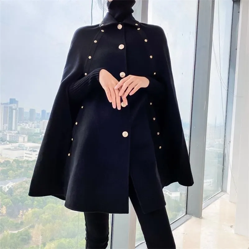 Black Wool Cape Coat for Women - Vintage Golden Button Mid-Length