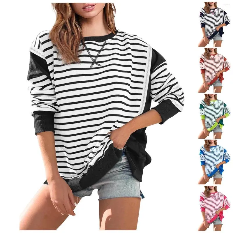 Striped Long Sleeve Side Slit Hoodie Women's Oversized Sweatshirt