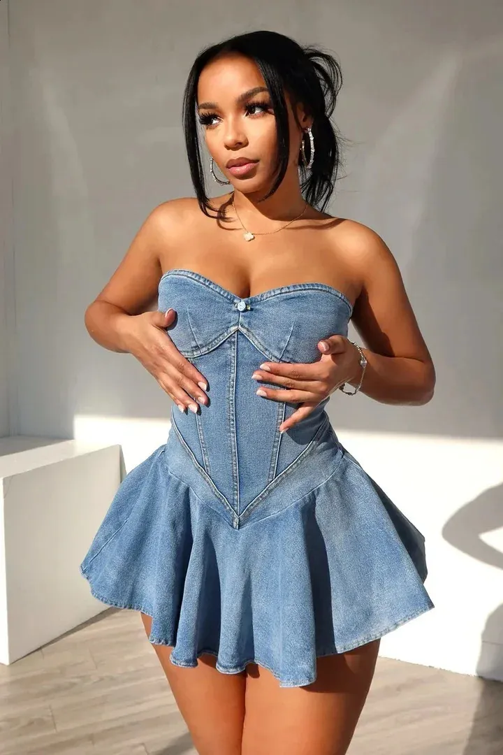 Save Big on Bulk Denim Club Dress Sexy Denim Dresses, Blue Sexy Dress:  Women's Strapless Denim Skater Dress Elegant Party Mini Dress Best Deals  on