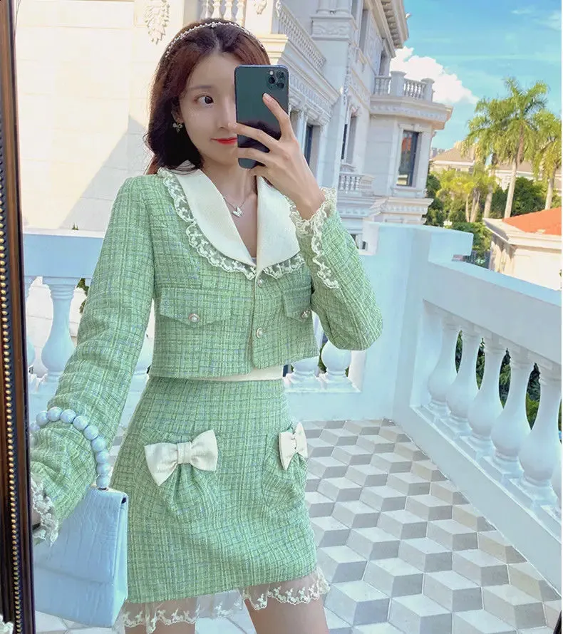 Womens Tweed Pearl Button Jacket & Bow Mini Skirt Set