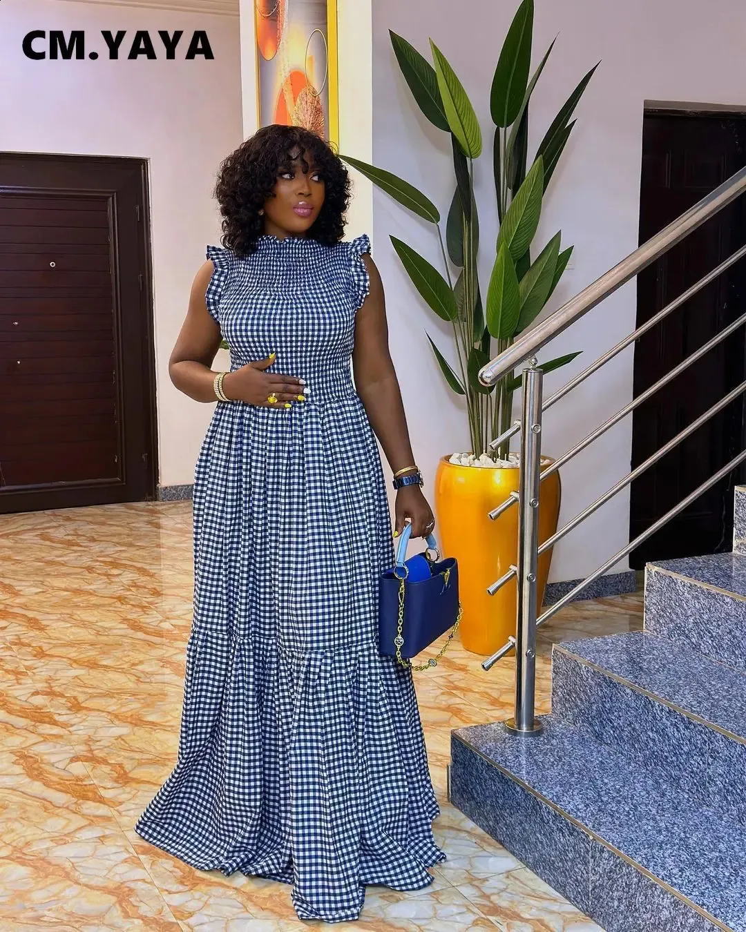 Plaid Printed O-neck Sleeveless Straight Maxi Dress Floor-Length Polyester  for Women