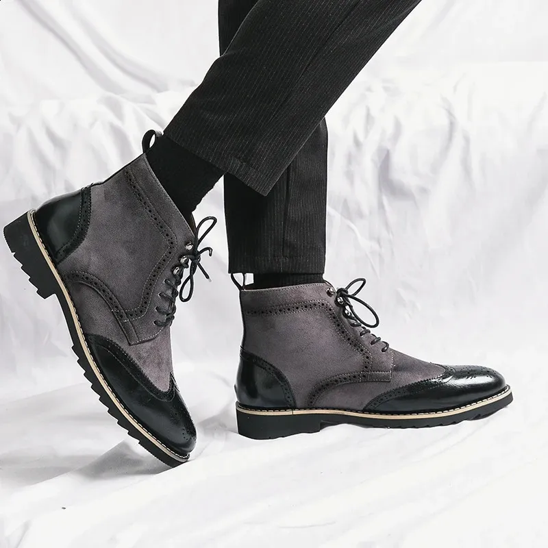 Men's Classic Wingtip Brogue Leather Ankle Boots For Business_voghion.com