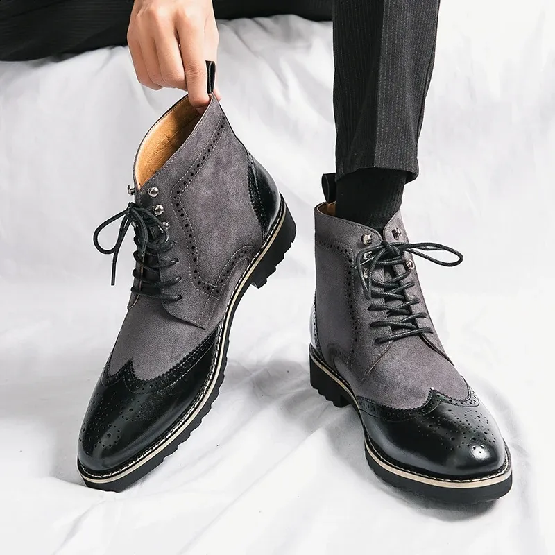 Men Dress Classic Brogue Wingtip Lace Up High Ankle Business Boots 240828_voghion.com