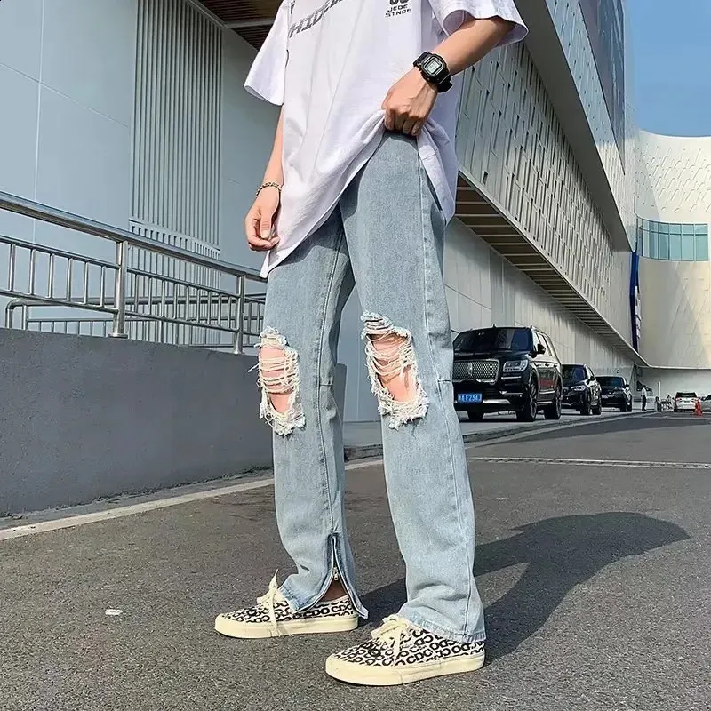 Hip Hop Jeans Mens Trendy Slim Fit Straight Leg Distressed Wash Casual ...