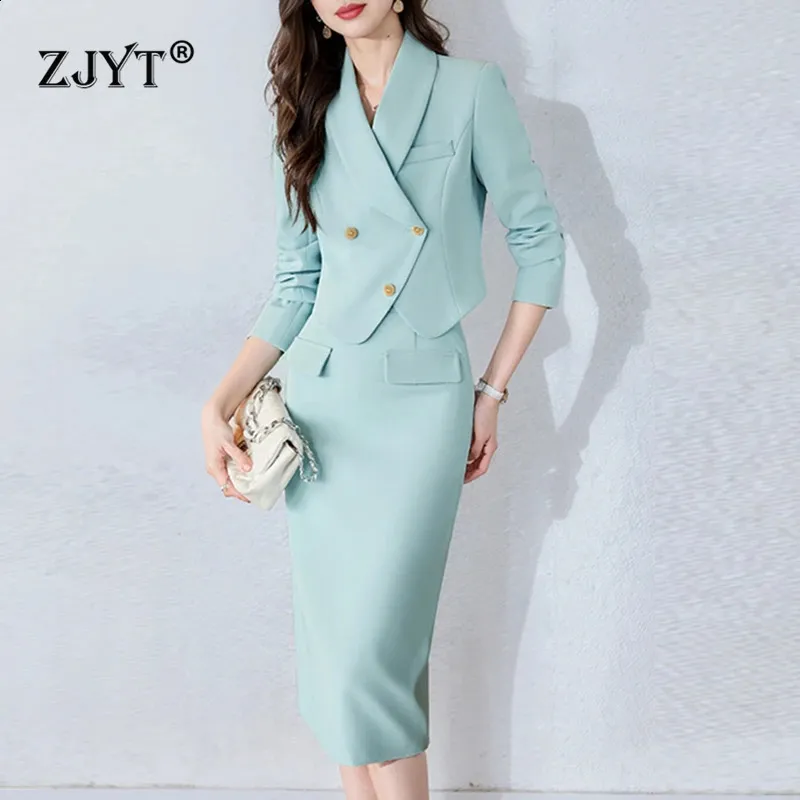 Autumn Short Sleeve Jacket and Two Piece Business Dress Set for Women - Green, Office Clothing, Plus Size 3XL (240828) by ZJYT