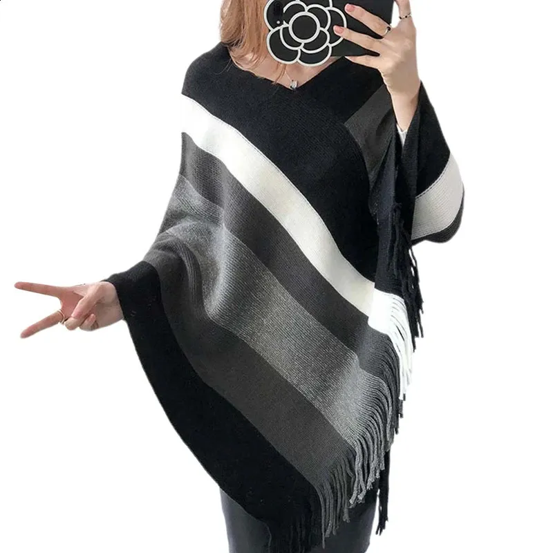 Knit Hooded Poncho Cape Fringed Tassel Shawl Wrap Sweater for