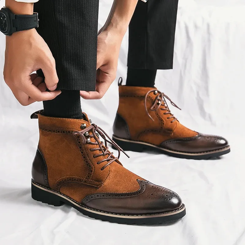Men's Classic Wingtip Brogue Leather Ankle Boots For Business_voghion.com