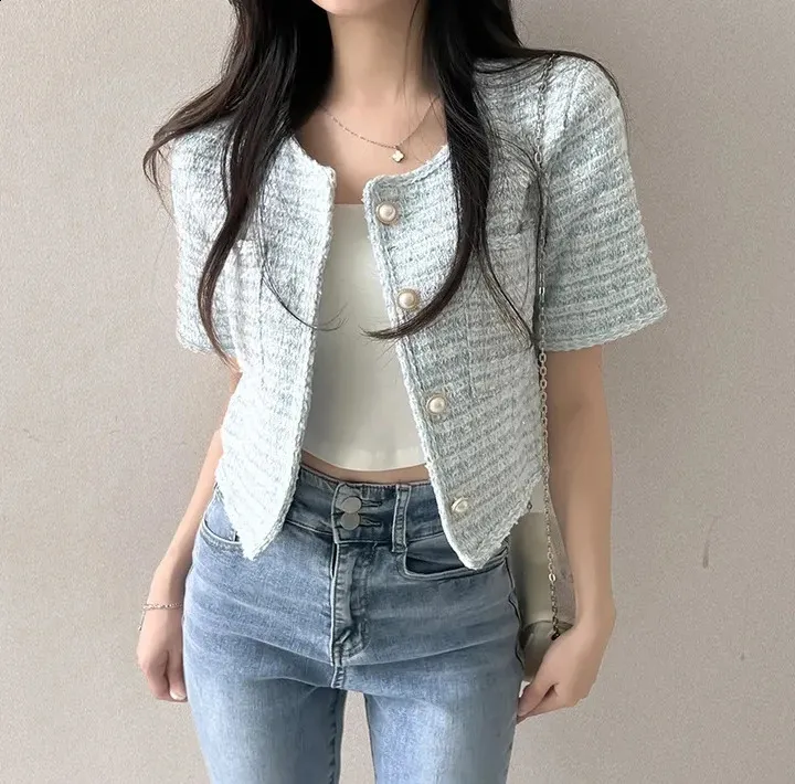 Womens Tweed Jacket - Short Sleeve, Pearl Button, Single
