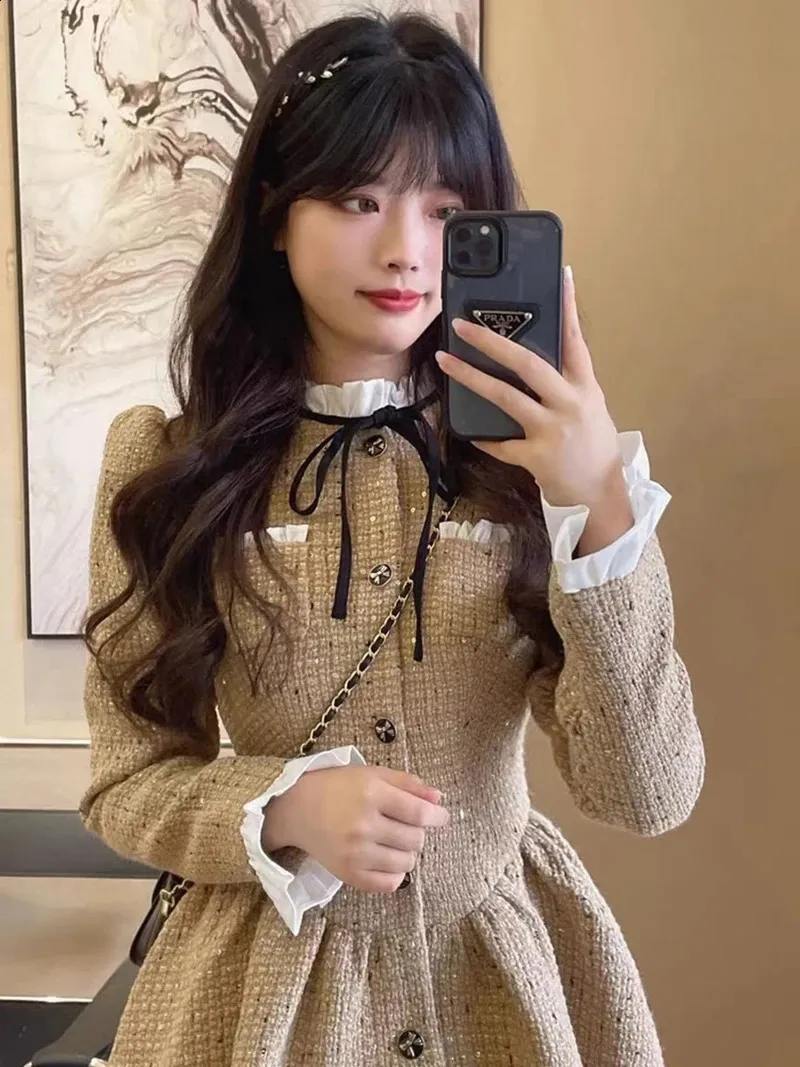 ADORABLE BACK RIBBON TWEED DRESS ブラウン XS ADORABLE BACK RIBBON TWEED DRESS