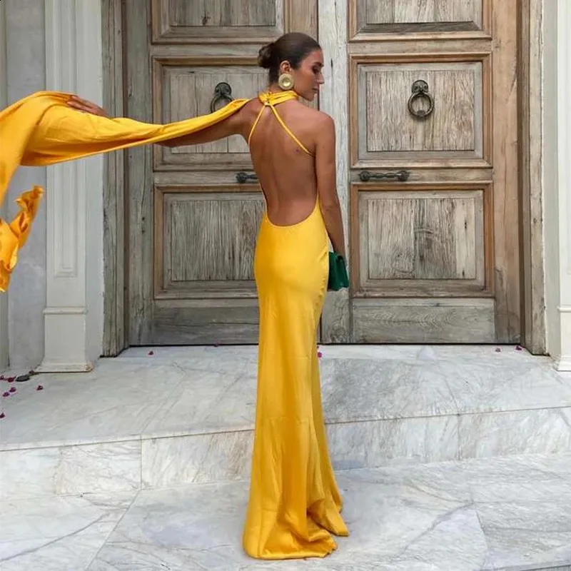 yellow satin dress backless Dear Me Satin Maxi Dress Yellow