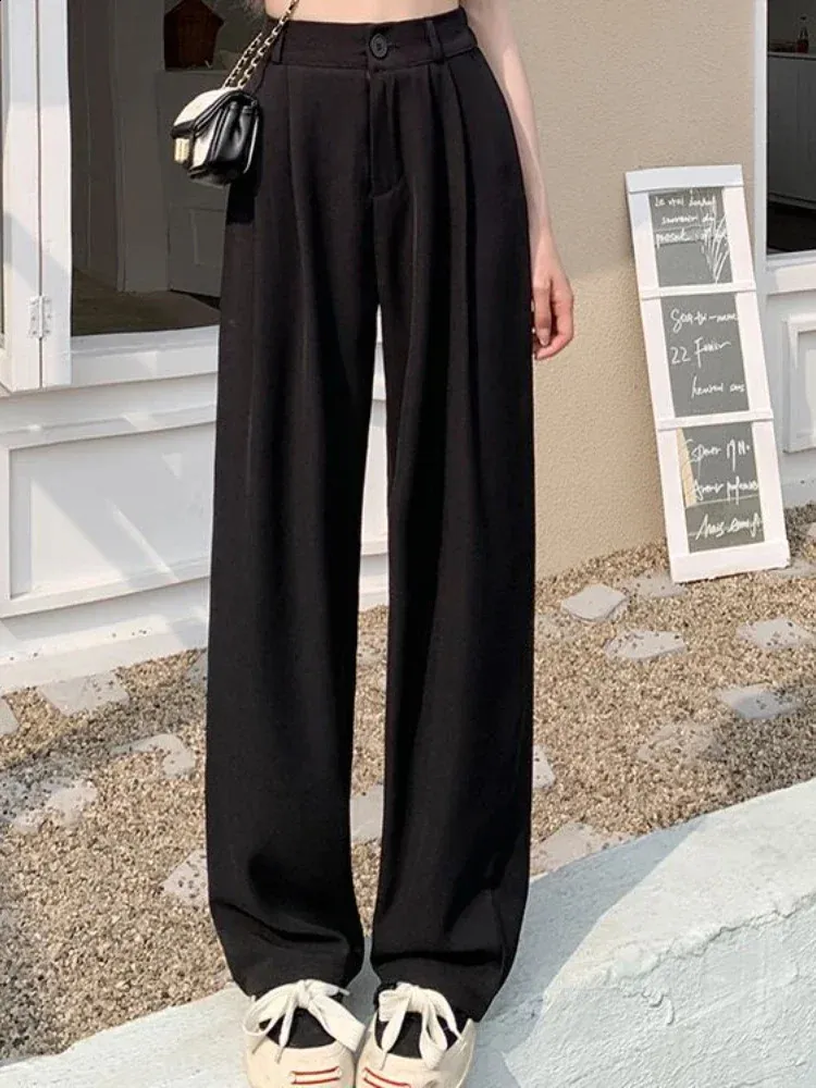 Women Suit Pant Korean Elastic High Waist Straight Pants