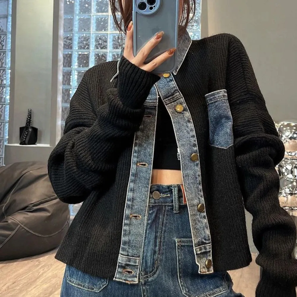 Womens Grey Knit Denim Jacket - Short, Patchwork, Harajuku