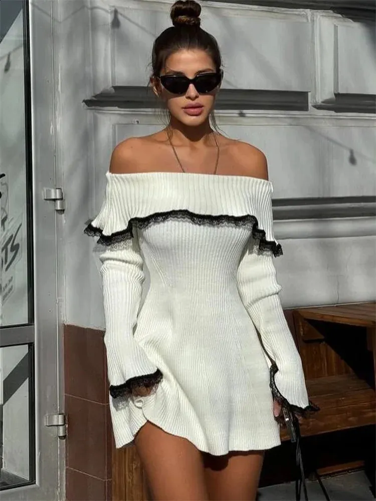 Women's Off-Shoulder Knitted Mini Dress - Lace Splicing, Ribbed, Slim Fit,  Elegant Party Dress