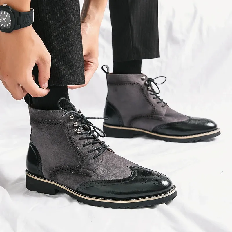 Men Dress Classic Brogue Wingtip Lace Up High Ankle Business Boots 240828_voghion.com