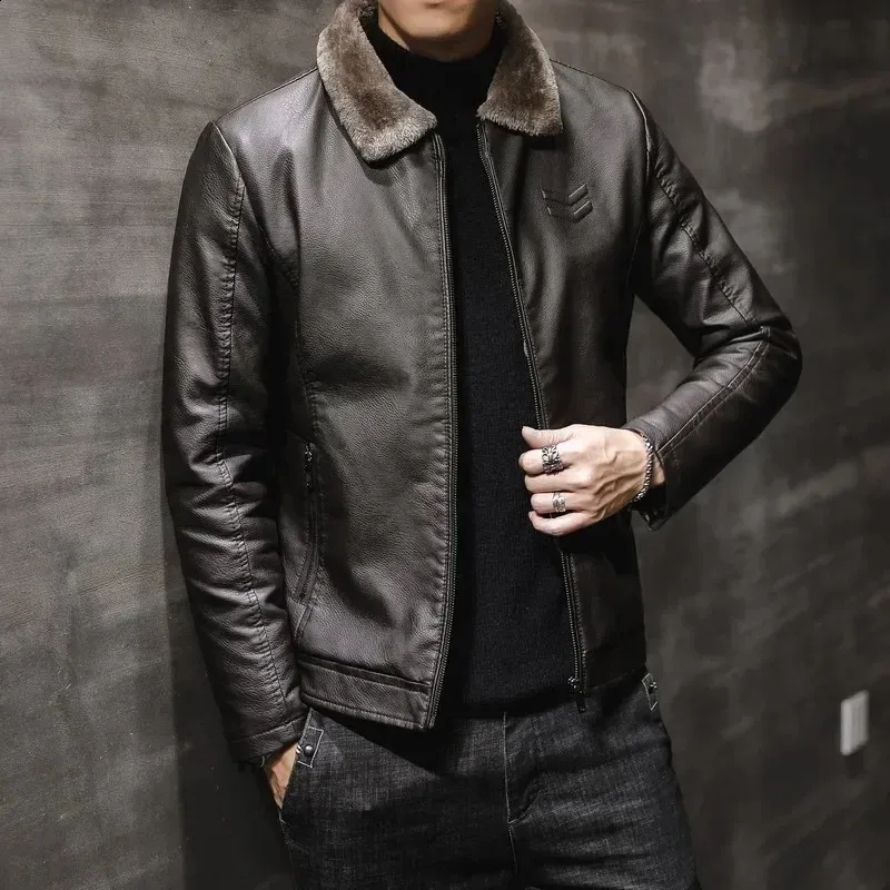 Men's Solid Leather Collar leather jacket with Long Men's Solid Leather Collar leather jacket with Long