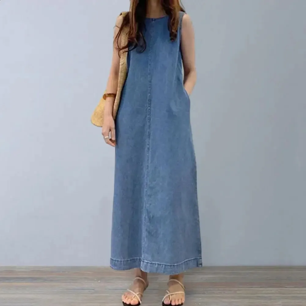 Femme Women's Summer A-Line Maxi Denim Sundress with Pleated Denim and Overskirt - Loose Fit, Sleeveless Robe (240828)