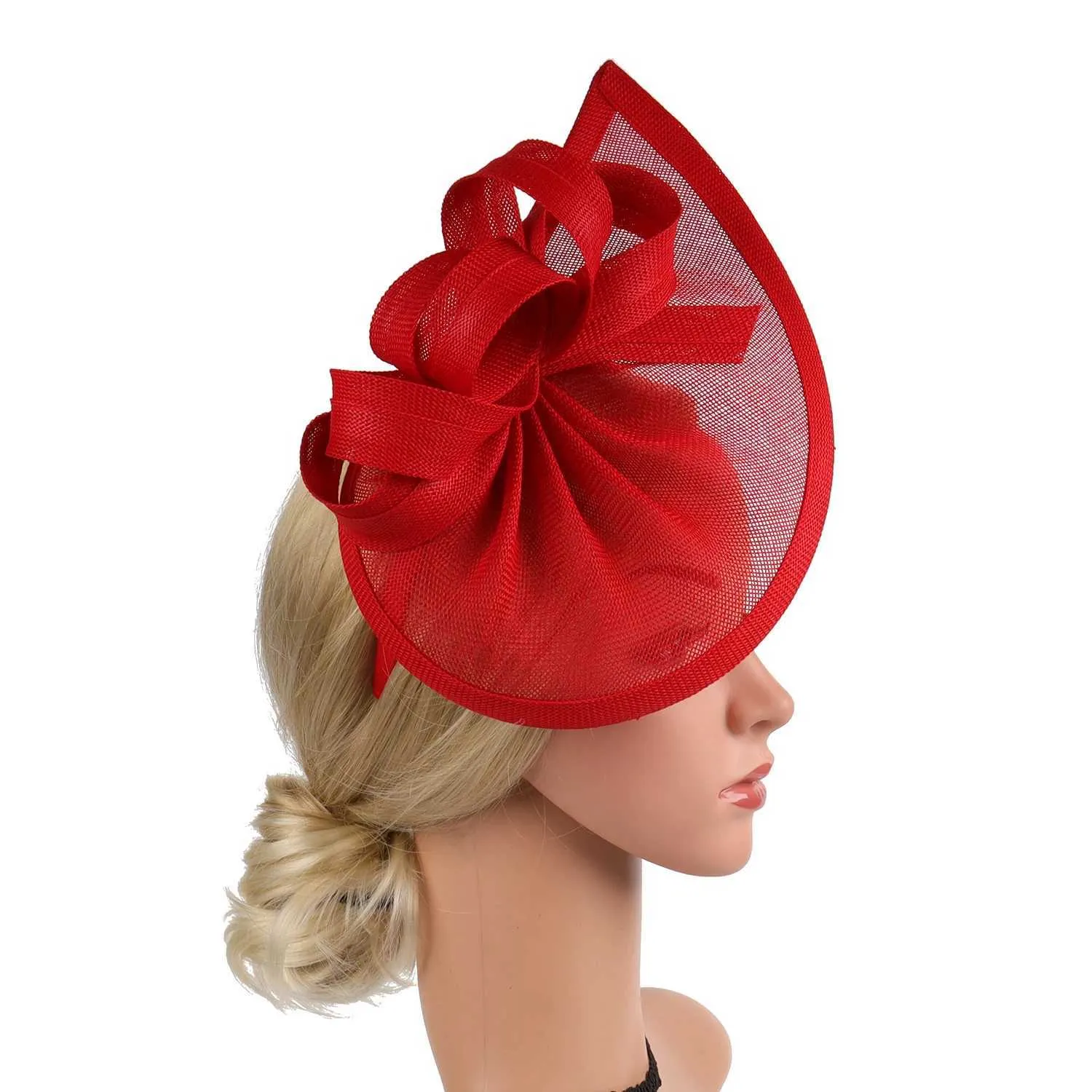 New Red Kentucky Derby Pillbox Sinamay Hat Fascinator Feather Netting Veil Red Fascinators Weddings Pillbox Hat For Women Wide Brim Bow  main image 3