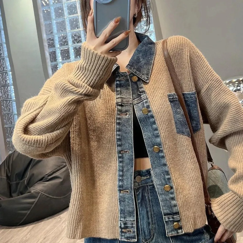 Womens Grey Knit Denim Jacket - Short, Patchwork, Harajuku