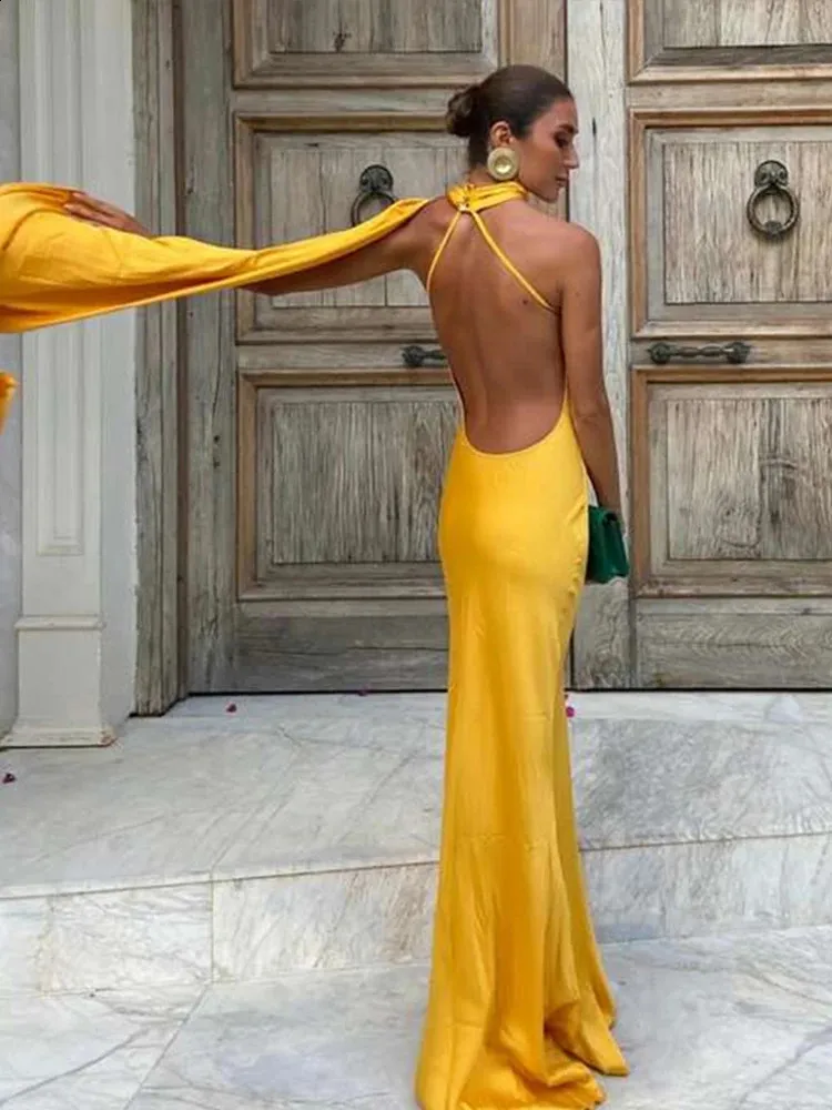 Yellow Satin Off-Shoulder Yellow Satin maxi dress for Women - Elegant, Slim, Backless Prom, Evening & Nightclub Robe for Autumn