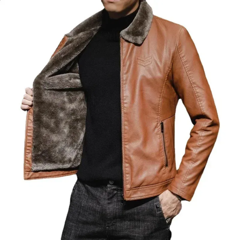 Men's Solid Leather Collar leather jacket with Long Men's Solid Leather Collar leather jacket with Long
