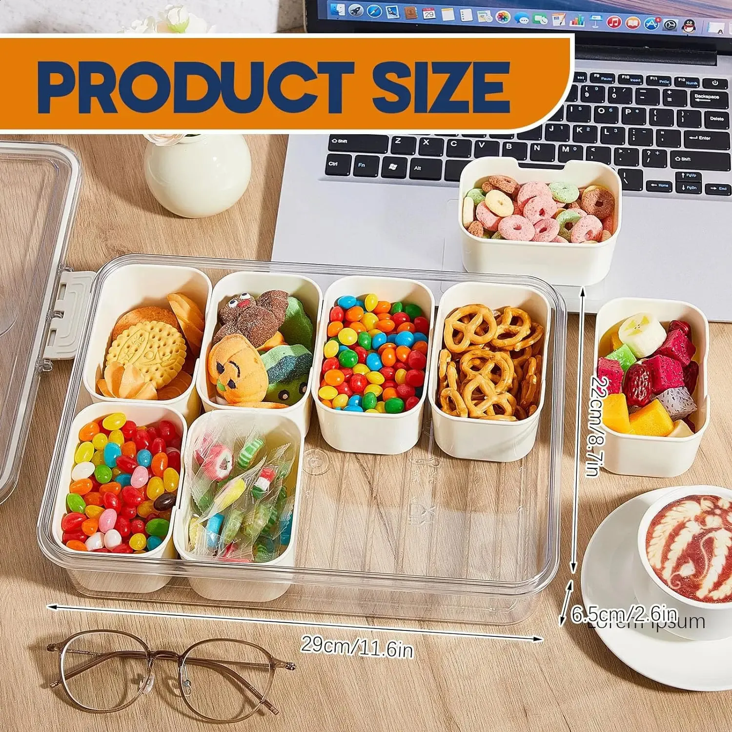 8-Compartment Divided Serving Tray With Lid - Portable Snack Platter Organizer, PET & PP Plastic - View #5