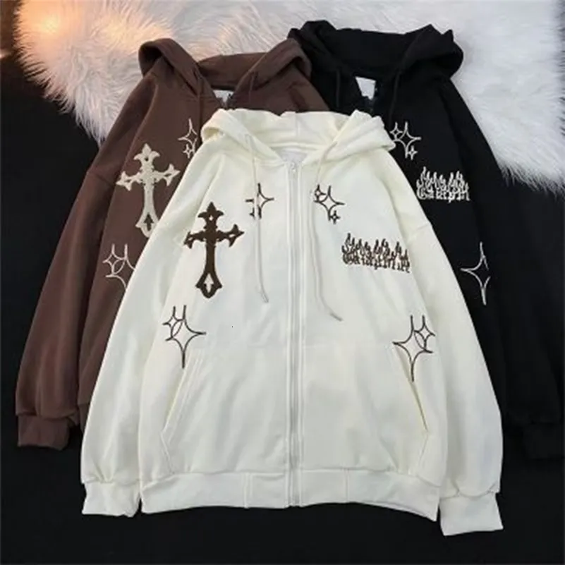 Gothic Cross Embroidered Zip Up Hoodie - Streetwear Y2K