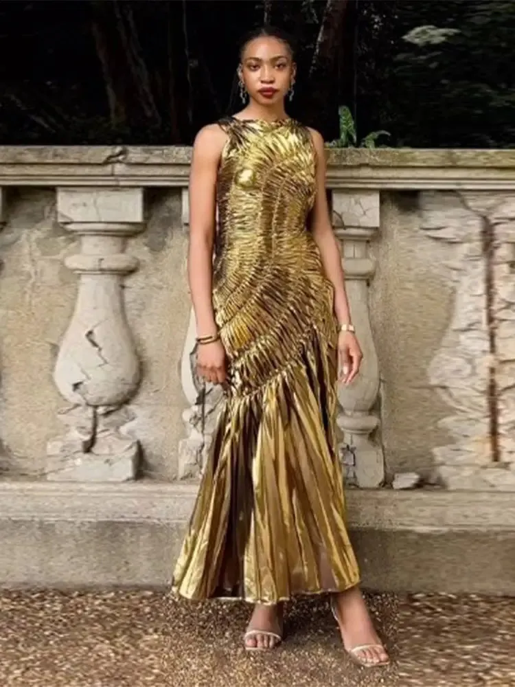 Gold Pleated Evening Dress Women Chic Round Neck... From Sunshine_girls,  $37.5 | DHgate.Com