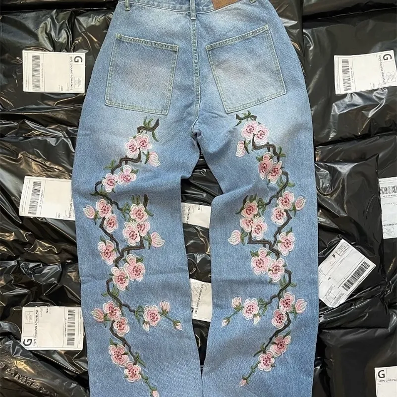 Harajuku Cherry Blossom Print Y2K baggy jeans for Men and Harajuku Cherry Blossom Print Y2K baggy jeans for Men and
