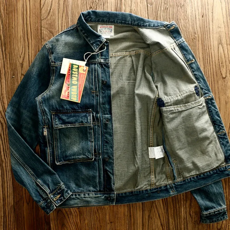 American Khaki Mens Denim Jacket Heavy Tooling Retro Design Autumn