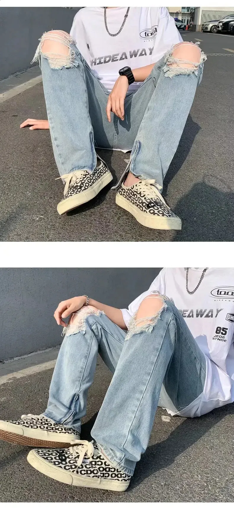 Hip Hop Jeans Mens Trendy Slim Fit Straight Leg Distressed Wash Casual ...