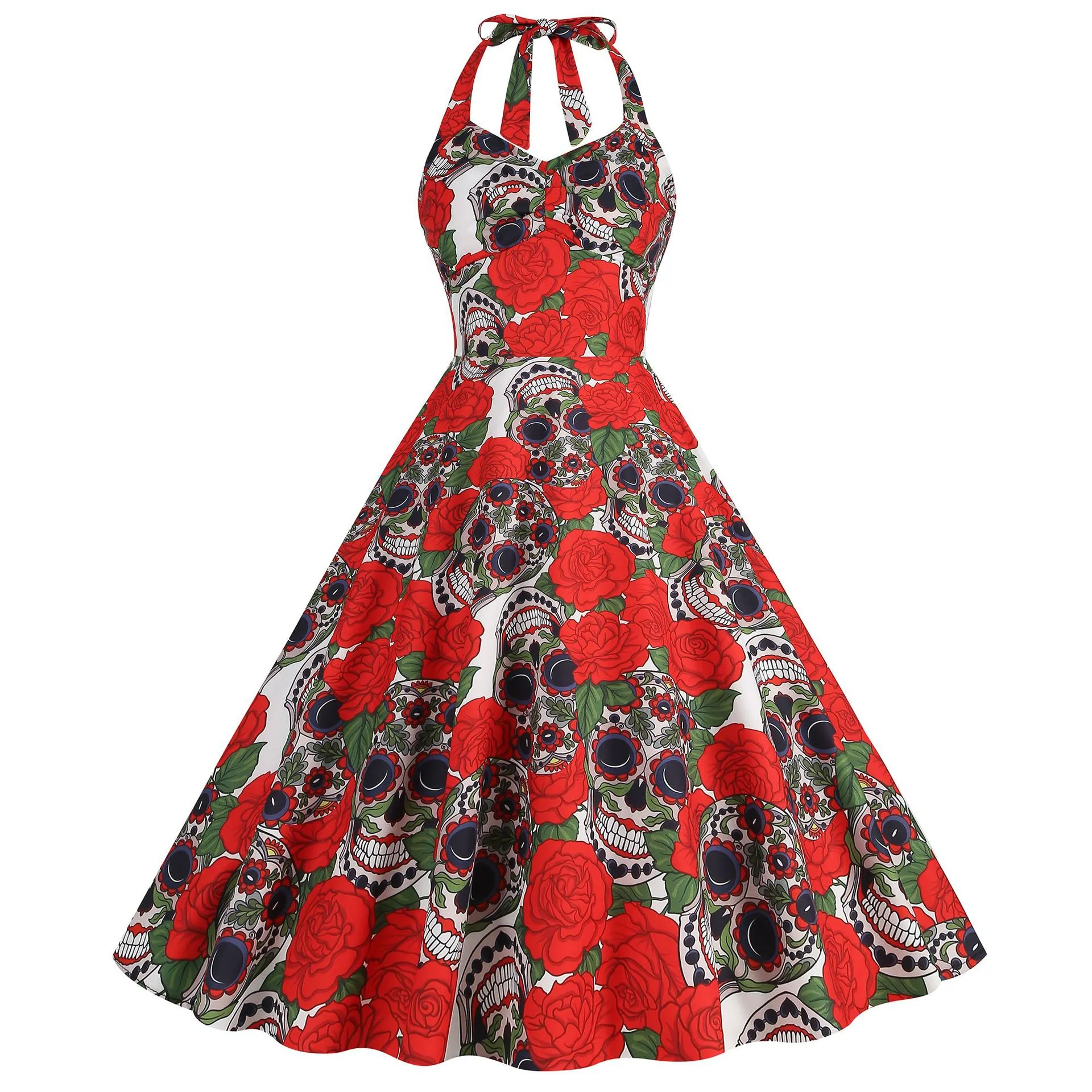 white christmas dresses Gothic Plus Size Christmas Holly Skull Print Split Pocket A Line Midi Dress Black / XXS