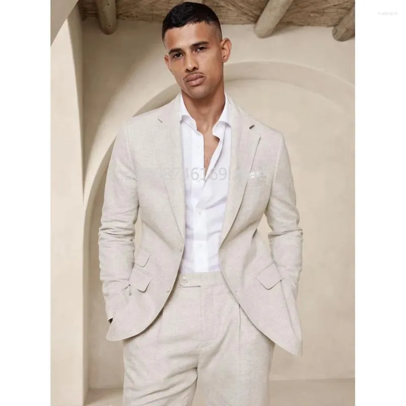 Men s Suits Beige Notch Lapel Single Breasted Slim Fit Wedding 2 Piece Jacket Pants Set Custom Made Terno Full Linen Suit